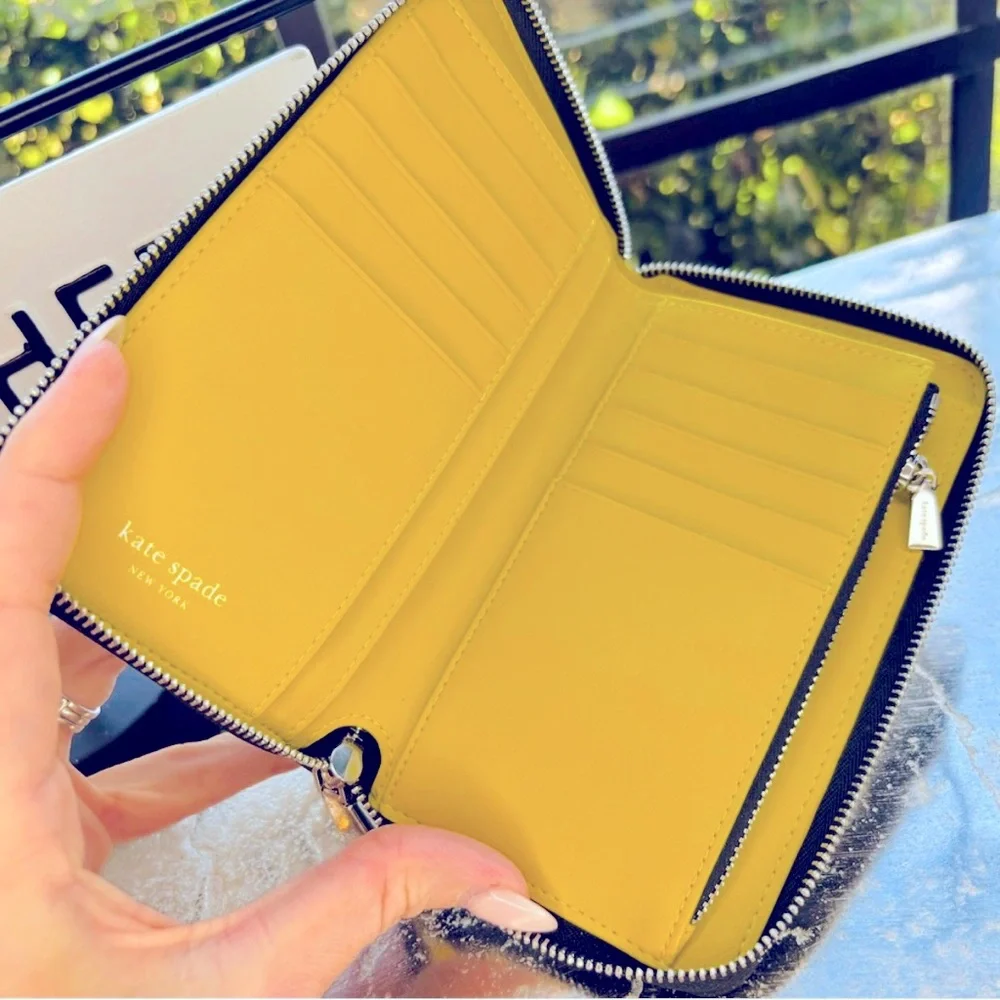 Kate Spade Black and White polkadot Wallet with silky lime green interior - EUC